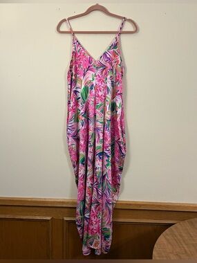 VAN WINKLE & CO. Tropical Floral Print Womens M Satin Sleeveless V-Neck Maxi